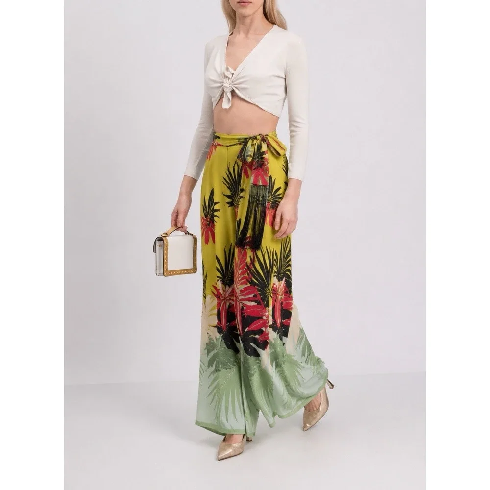 Beatrice B Silk Tropical Wide Leg Pants Women's M Yellow Floral Fringe Italy